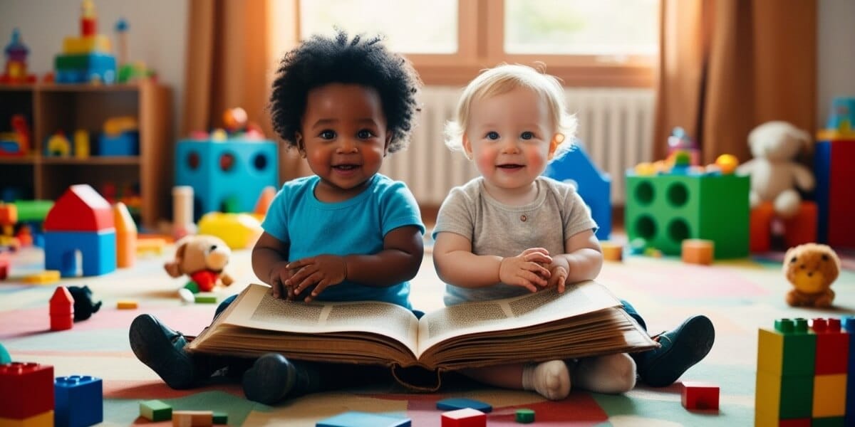 Criança negra e criança branca sentadas, juntas, com livro sobre o colo.