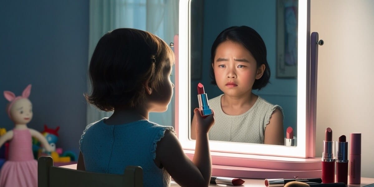 Criança em frente à penteadeira, para se maquiar. Outra criança a observa apreensiva.