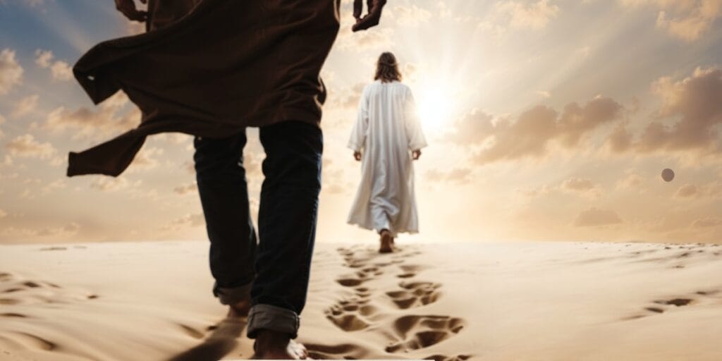 Imagem de Jesus caminhando à frente e uma pessoa o seguindo